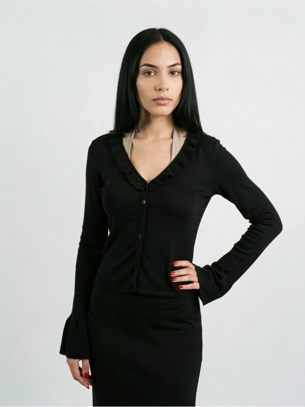 VITAE Black Ruffle Trim Flare Sleeve Cardigan Women's Small